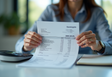 Personne examinant un bulletin de salaire avec calculatrice