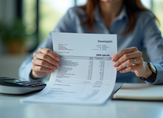 Savoir lire sa fiche de paie : 2000 euros brut en net Personne examinant un bulletin de salaire avec calculatrice