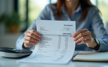 Savoir lire sa fiche de paie : 2000 euros brut en net Personne examinant un bulletin de salaire avec calculatrice