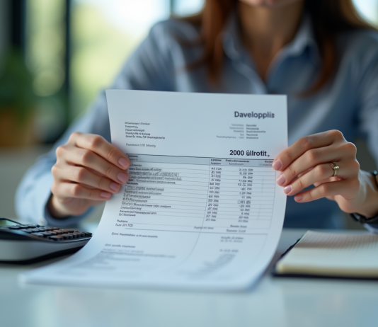 Personne examinant un bulletin de salaire avec calculatrice