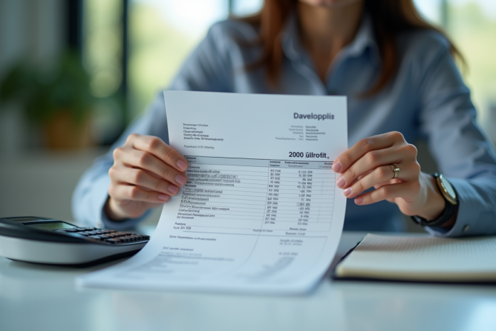 Personne examinant un bulletin de salaire avec calculatrice