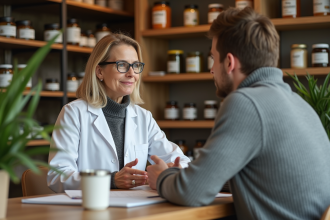 Pharmacienne en blouse blanche expliquant une prescription à un jeune homme