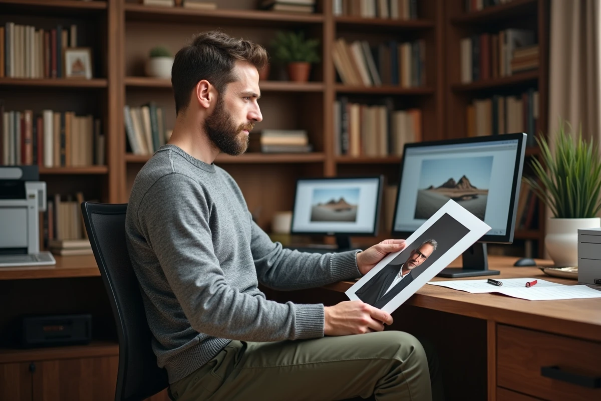 Photographe comparant deux tirages photo grand format sur papier beaux-arts dans un espace de travail maison chaleureux avec imprimante professionnelle et moniteur de calibration