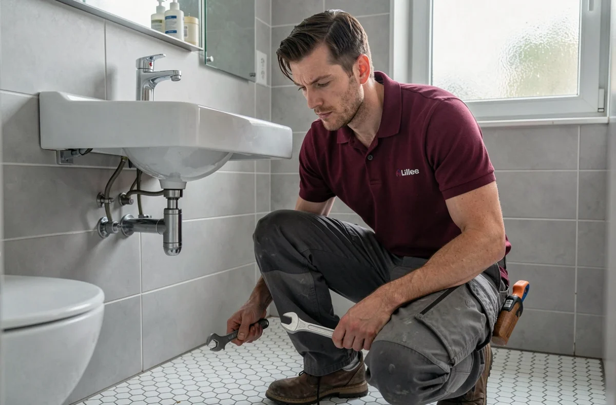 Plombier réactif travaillant rapidement sous un lavabo de salle de bain à Lille