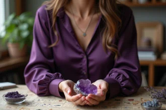 Femme tenant un cristal d'améthyste violet brut sur une table ornée de cartes du zodiaque et de pierres précieuses