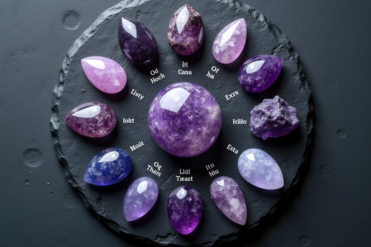Disposition en flat-lay de douze pierres précieuses violettes arrangées en roue zodiacale sur ardoise noire