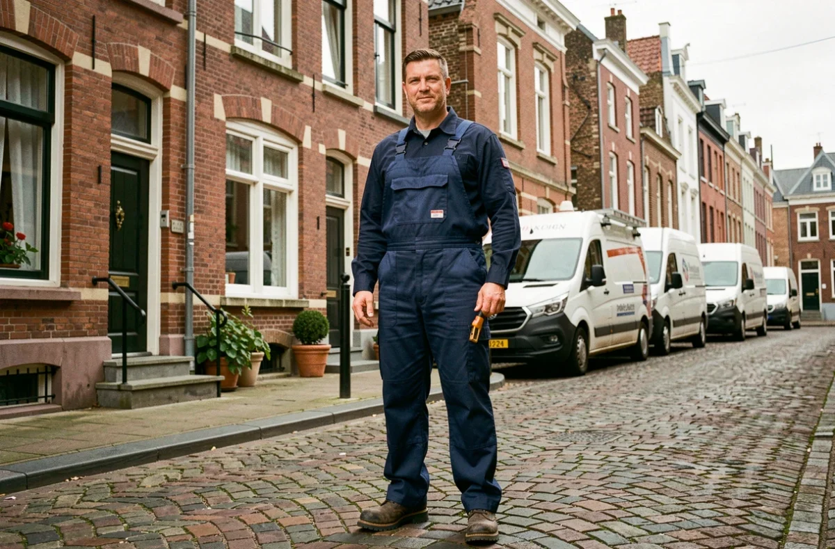 Plombier professionnel devant une rue typique de Lille avec architecture en briques rouges