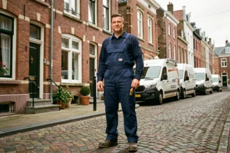 Plombier professionnel devant une rue typique de Lille avec architecture en briques rouges