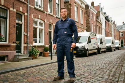 Plombier professionnel devant une rue typique de Lille avec architecture en briques rouges