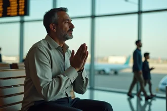 Homme effectuant une prière discrète dans un terminal d'aéroport avec des avions visibles en arrière-plan