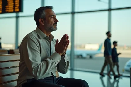 Homme effectuant une prière discrète dans un terminal d'aéroport avec des avions visibles en arrière-plan