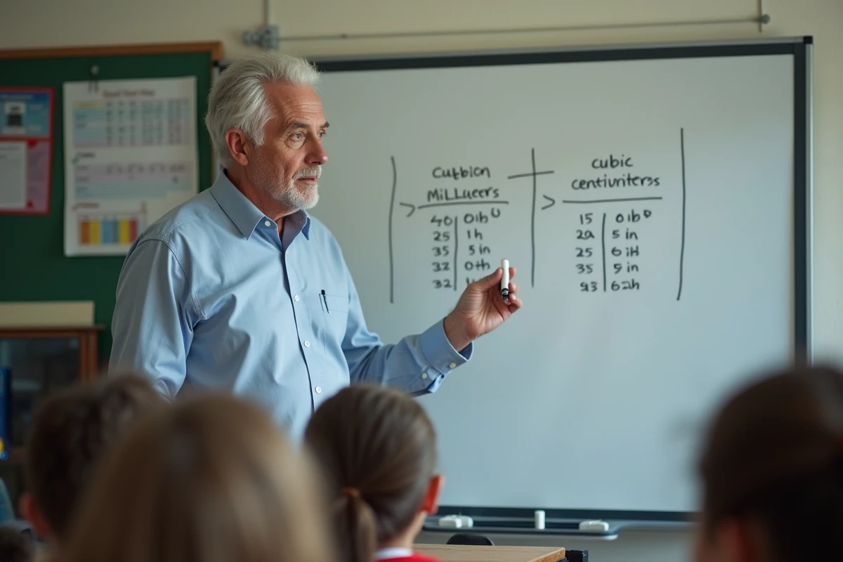 Professeur dessinant un graphique de conversion en classe