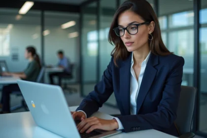 Professionnelle en cybersécurité vérifiant un tableau de bord de sécurité en ligne sur un ordinateur portable dans un bureau moderne