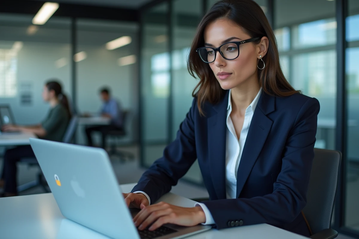 Professionnelle en cybersécurité vérifiant un tableau de bord de sécurité en ligne sur un ordinateur portable dans un bureau moderne