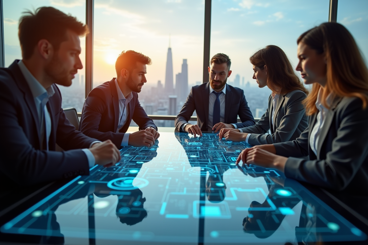 Professionnels d affaires autour d une carte digitale de la supply chain
