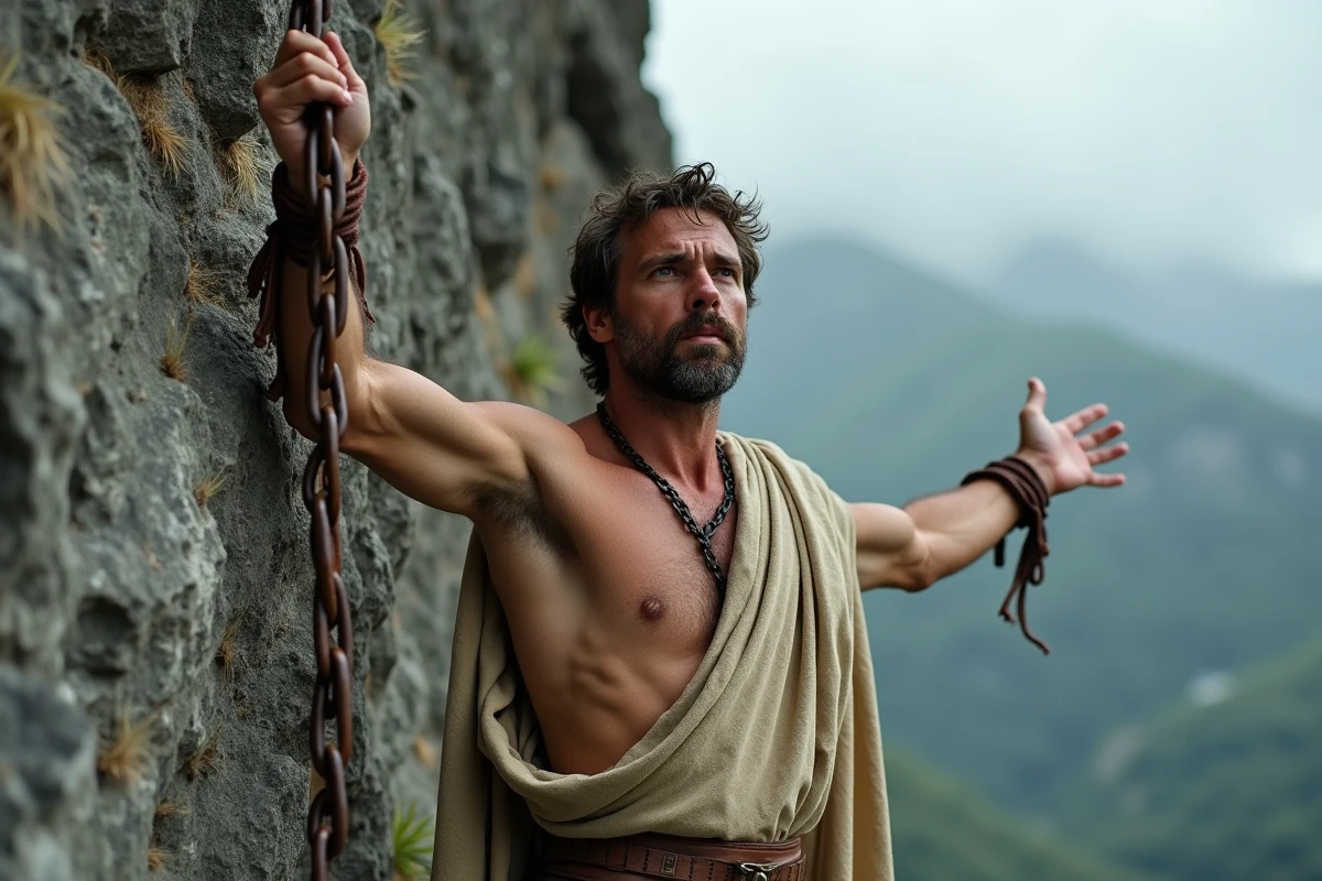 Homme enchaîné à un rocher représentant le supplice de Prométhée dans la mythologie grecque