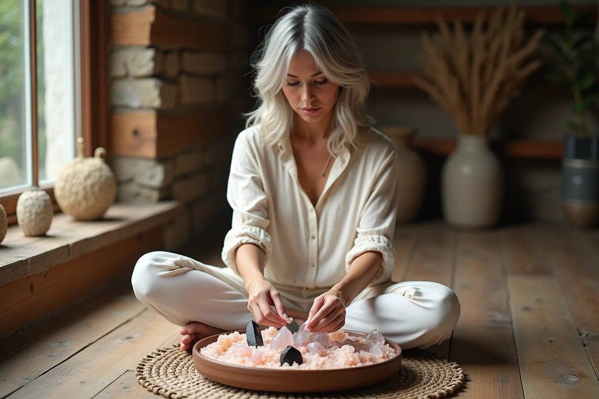 Femme purrifiant des cristaux de quartz rose et tourmaline noire sur du sel rose de l'Himalaya dans un intérieur en bois