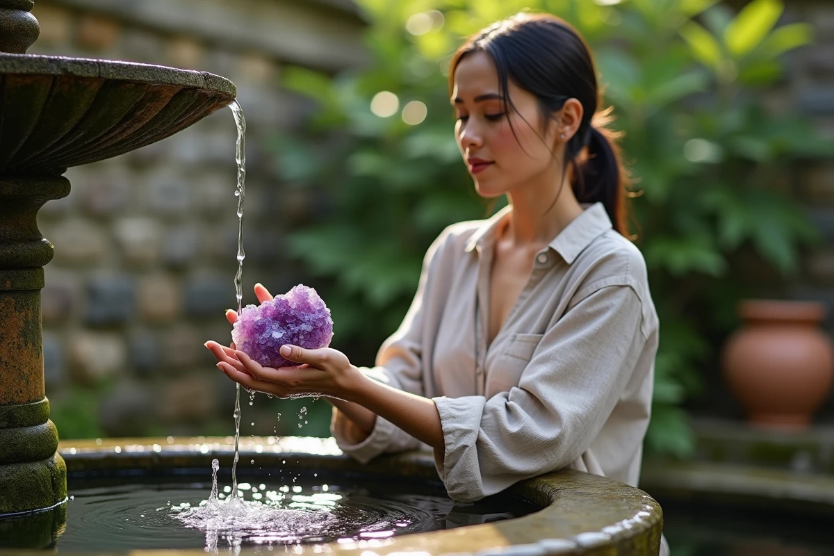 Femme purifiant une pierre améthyste brute sous l'eau courante d'une fontaine en pierre dans un jardin verdoyant