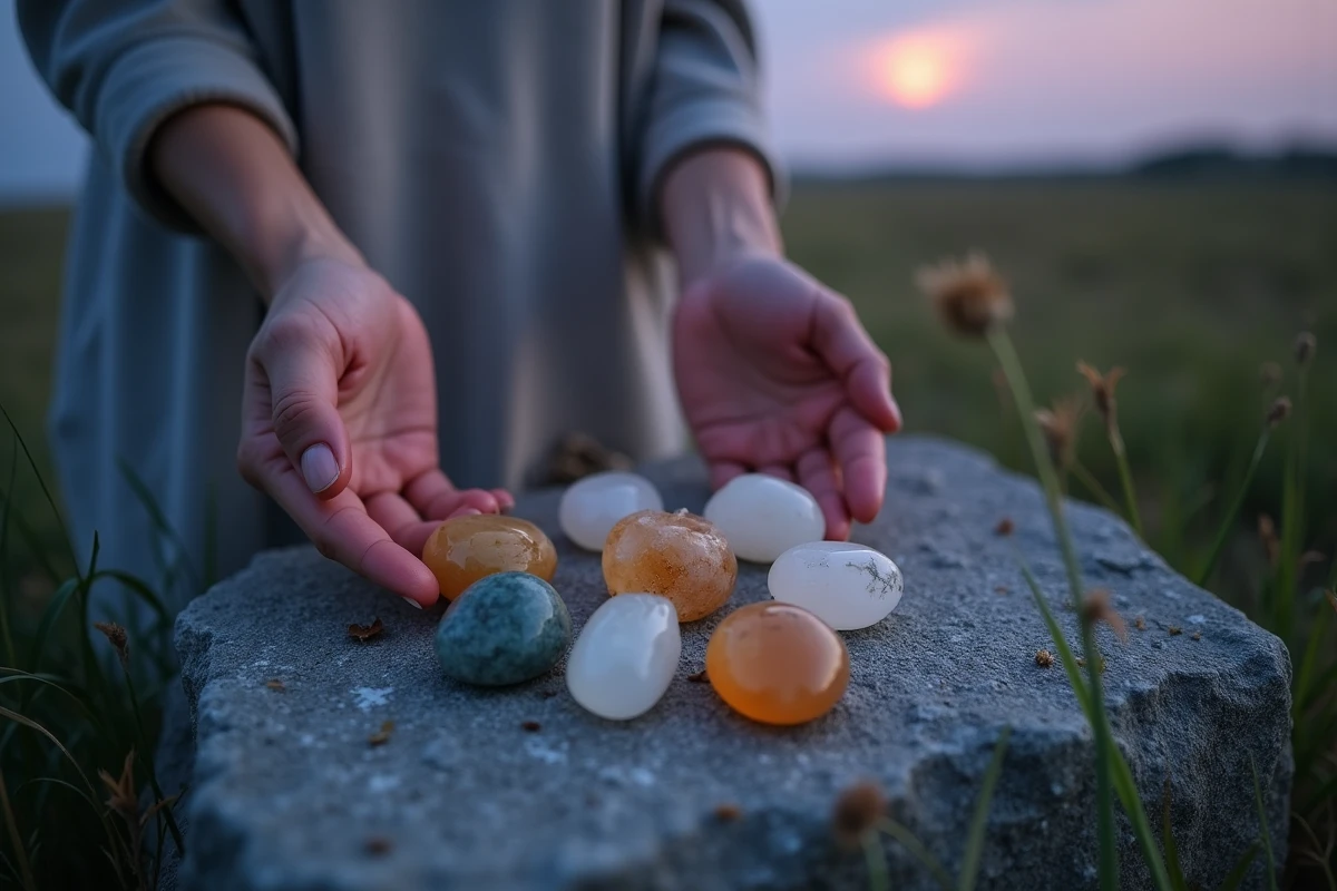 Arrangement de pierres de guérison en cercle sur un rocher en granite à la tombée de la nuit pour une purification lunaire