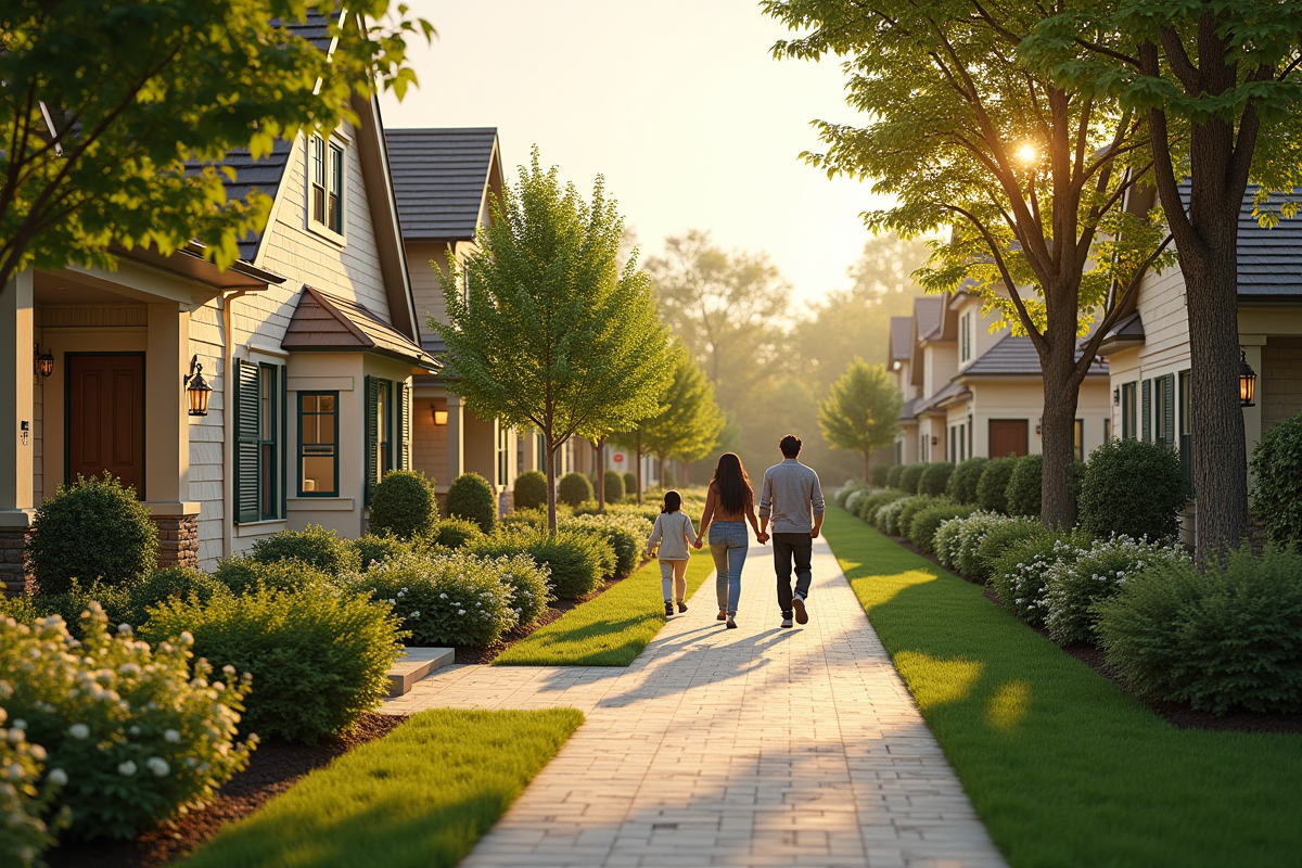 Quartier résidentiel paisible avec famille et jardins verdoyants