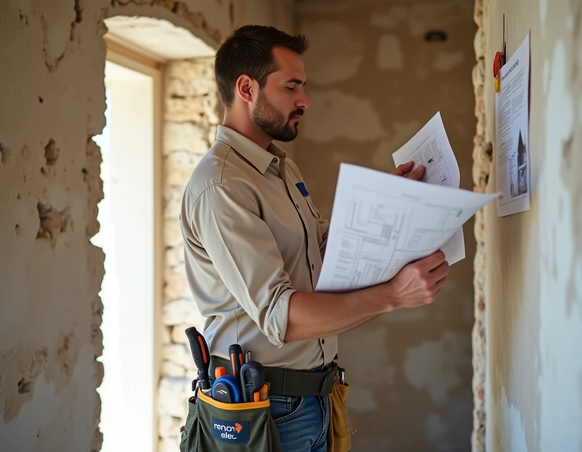 Électricien Renov-elec étudiant des plans de rénovation dans une maison en pierre en chantier en Corrèze