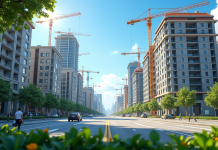 Rue urbaine en transformation avec bâtiments modernes et traditionnels