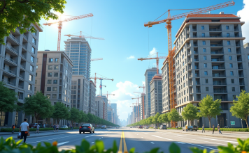 Changement urbanistique : comment un PLU impacte votre environnement ? Rue urbaine en transformation avec bâtiments modernes et traditionnels