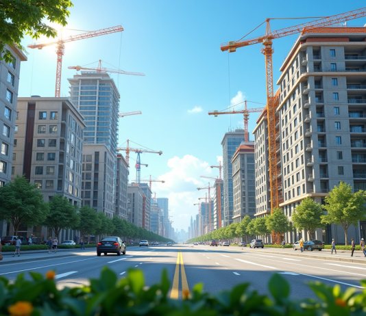 Rue urbaine en transformation avec bâtiments modernes et traditionnels