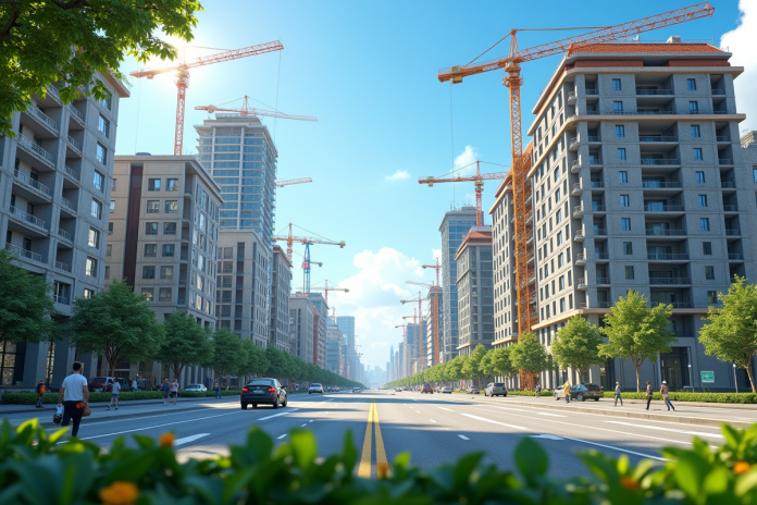 Rue urbaine en transformation avec bâtiments modernes et traditionnels