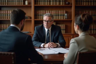 Notaire en cabinet recevant un couple de clients pour un renseignement juridique personnalisé