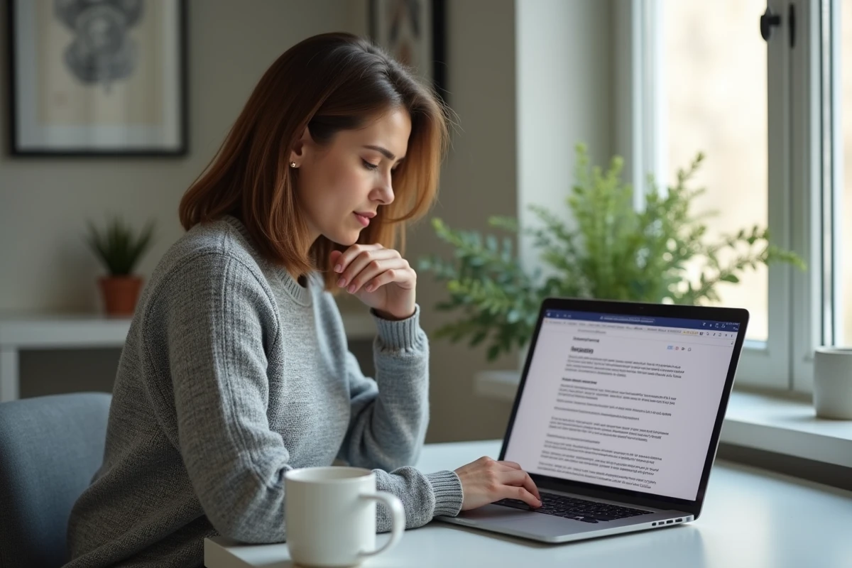 Femme consultant un service de renseignement notarial gratuit en ligne depuis son bureau à domicile