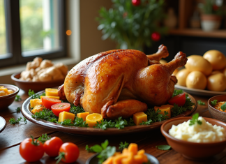 Chapon doré sur une table rustique avec légumes colorés