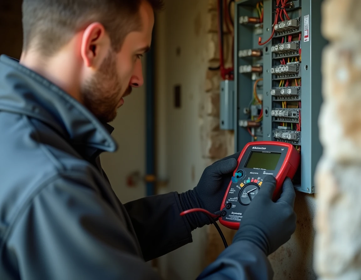 Technicien Saleix Electricite testant des connexions électriques avec un multimètre dans un cottage en Corrèze
