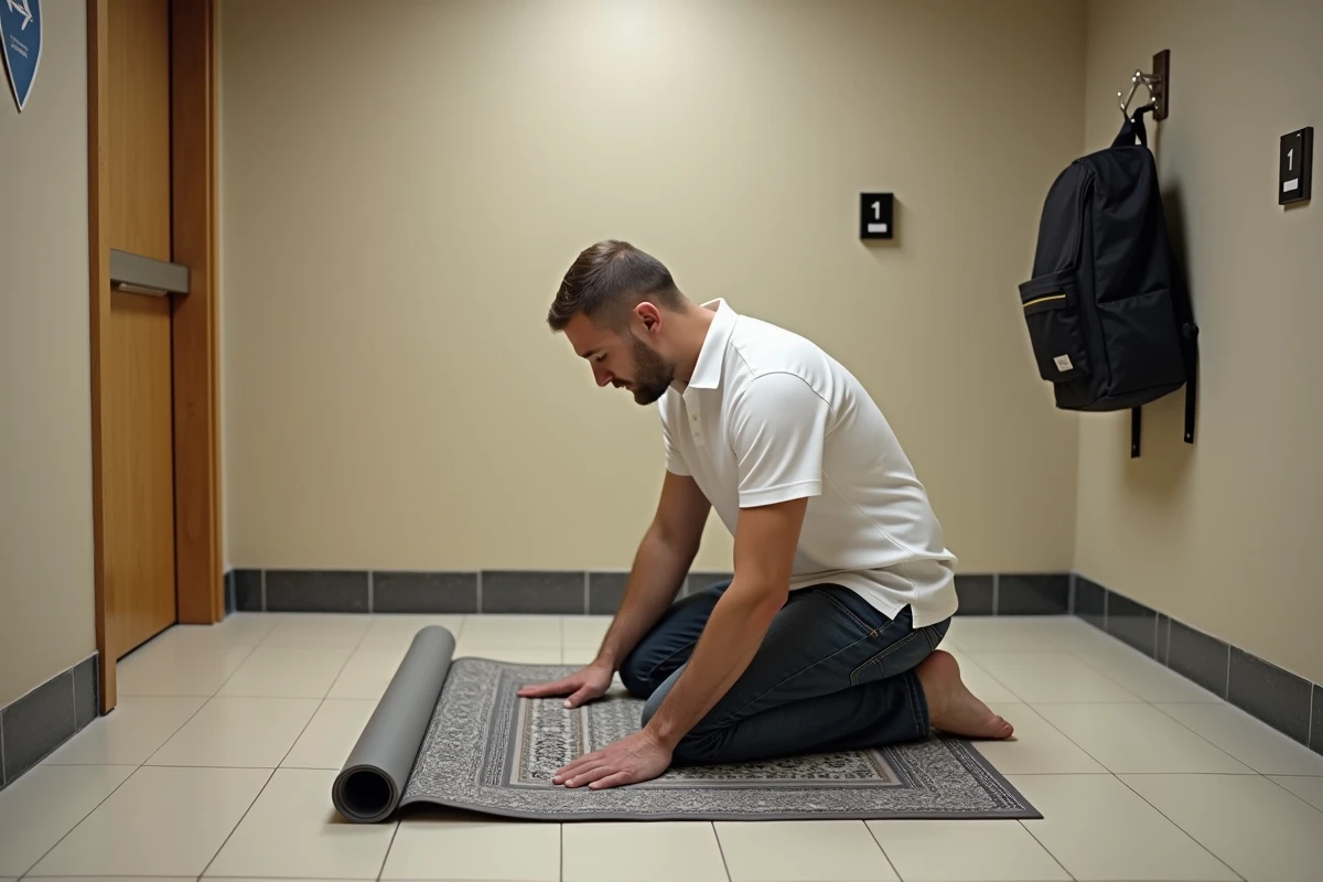 Homme déroulant un tapis de prière de voyage dans une salle de prière interconfessionnelle d'aéroport