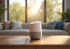 Salon moderne avec enceinte Google Home sur la table
