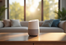 Salon moderne avec enceinte Google Home sur la table
