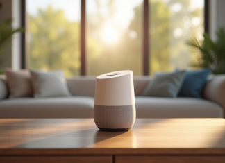 Définition Google Home : Fonctionnement, Utilisation et Avantages Expliqués en Détail Salon moderne avec enceinte Google Home sur la table