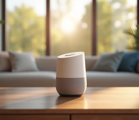 Salon moderne avec enceinte Google Home sur la table