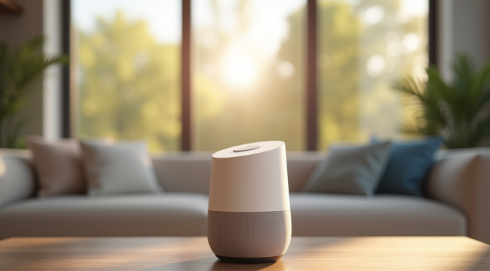 Définition Google Home : Fonctionnement, Utilisation et Avantages Expliqués en Détail Salon moderne avec enceinte Google Home sur la table