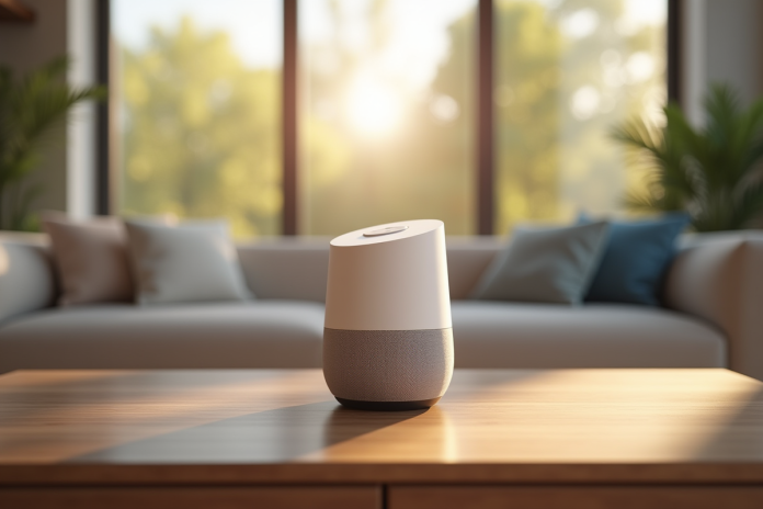 Salon moderne avec enceinte Google Home sur la table
