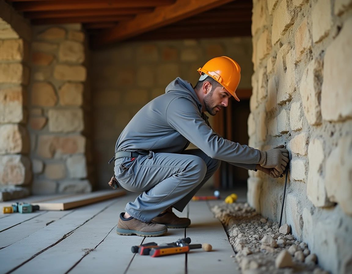 Électricien de Sarl G Boudy posant des conduits électriques dans une ferme en pierre rénovée en Corrèze
