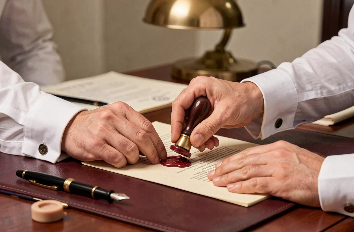 Gros plan sur les mains d'un notaire apposant un sceau de cire officiel sur un acte juridique papier, symbolisant l'authenticité notariale