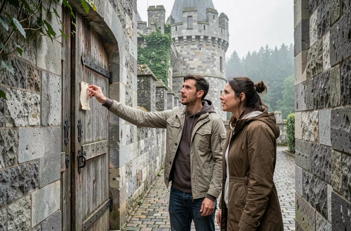 Joueurs découvrant les énigmes médiévales des Secrets de Pierrefonds autour du château
