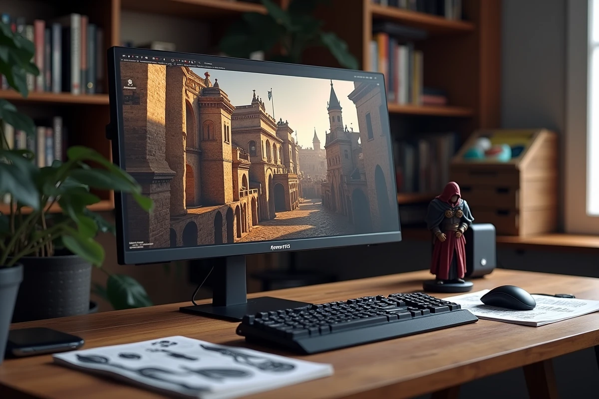 Setup gaming avec figurine de collecteur Ezio Auditore et écran affichant un jeu en décor Renaissance
