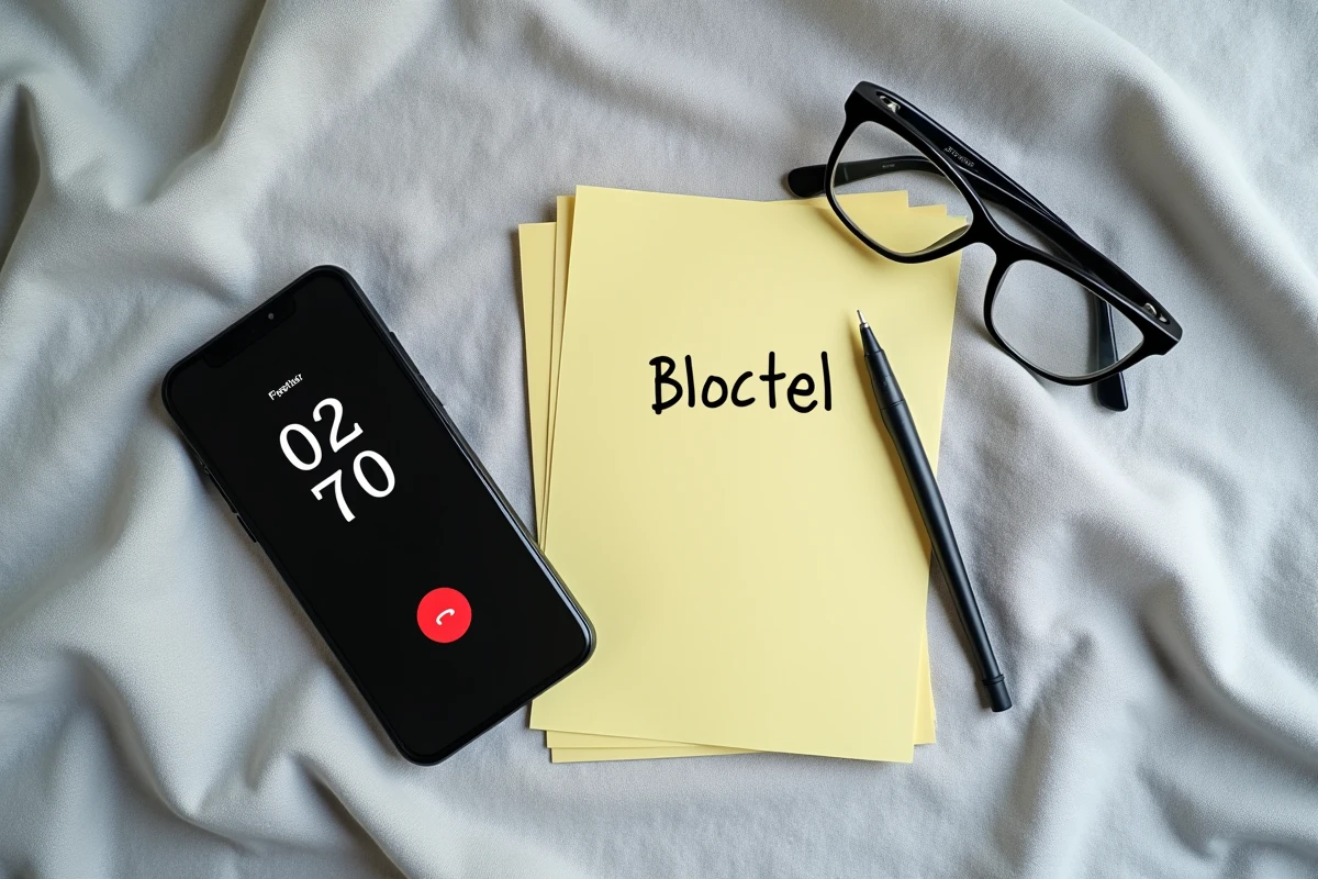 Smartphone affichant un appel entrant en 02 70 à côté d'une note manuscrite Bloctel sur une surface en lin gris