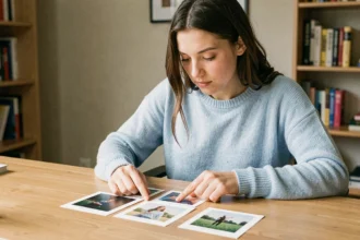 Femme cherchant la solution d'un jeu 4 images 1 mot avec des cartes imprimées posées sur un bureau en bois