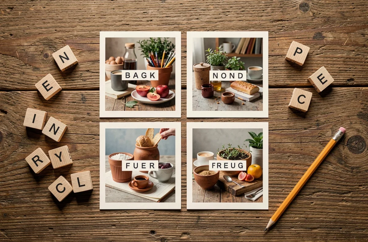 Vue de dessus d'un jeu 4 images 1 mot avec des cartes photo et des lettres en bois sur une table en chêne