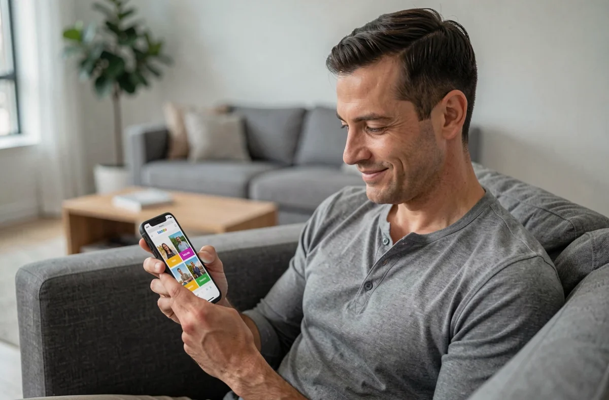 Homme souriant tenant un smartphone avec un jeu de mots 4 images 1 mot affiché sur l'écran