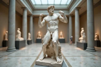 Statue de marbre blanc représentant Prométhée dans un musée, symbole du mythe grec antique