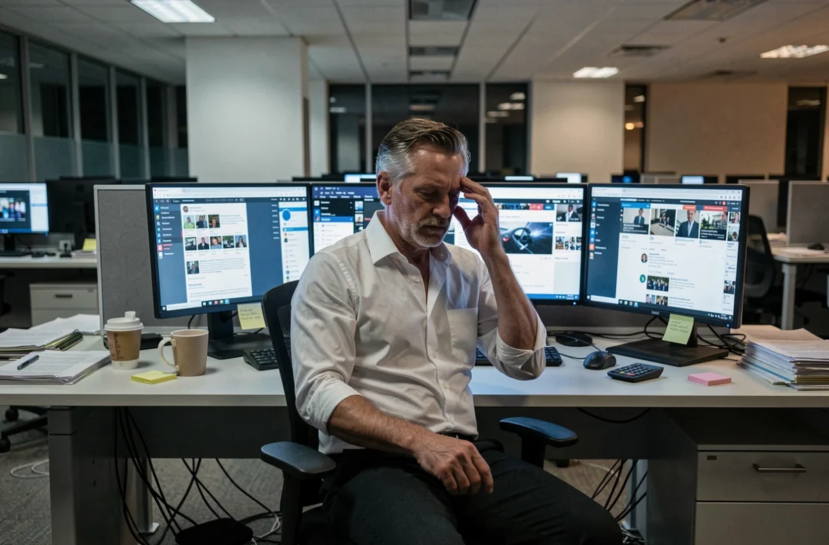 Homme seul face à plusieurs écrans d'ordinateur dans un bureau vide, symbolisant la surcharge informationnelle et les dérives du numérique connecté